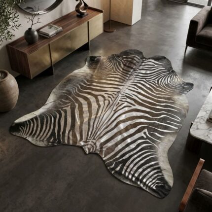 Platin/Gümüş Zebra Baskılı Antrasit Hakiki Dana Postu 240X220cm LNRDP001571