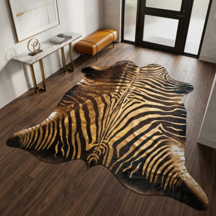 208x190cm Orta Ebat Premium Gold Zebra Baskılı Hakiki Dana Postu LNRDP001649
