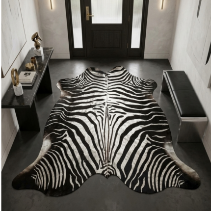 192x207cm Orta Ebat Premium Beyaz Gold Zebra Baskılı Hakiki Dana Postu LNRDP001650