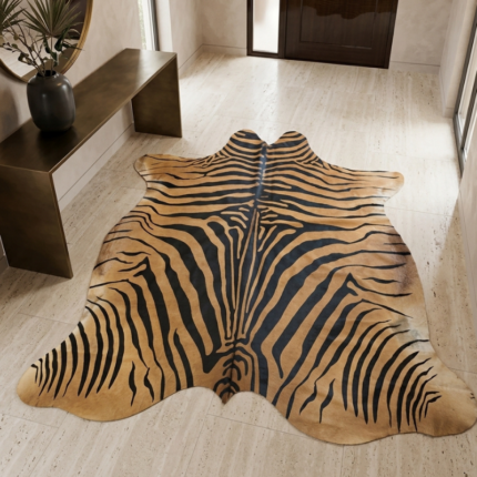 205x188cm Orta Ebat Premium Zebra Baskılı Hakiki Dana Postu LNRDP001652