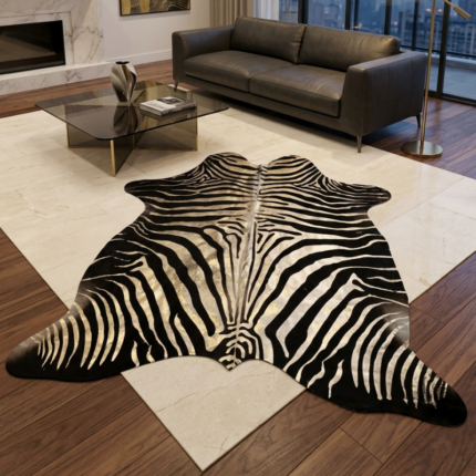 210x175cm Orta Ebat Premium Beyaz Gold Zebra Baskılı Hakiki Dana Postu LNRDP001655