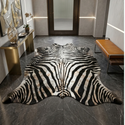 190x193cm Orta Ebat Premium Beyaz Platin Zebra Baskılı Hakiki Dana Postu LNRDP001656