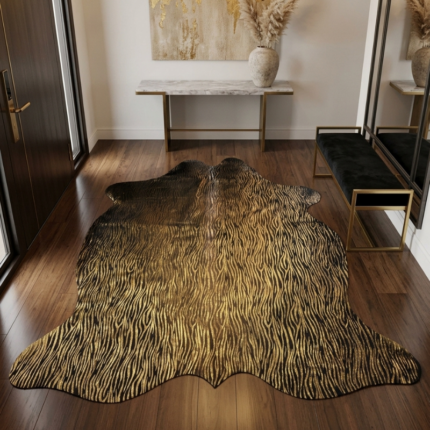 207x175cm Orta Ebat Premium Gold Zebra Baskılı Hakiki Dana Postu LNRDP001648